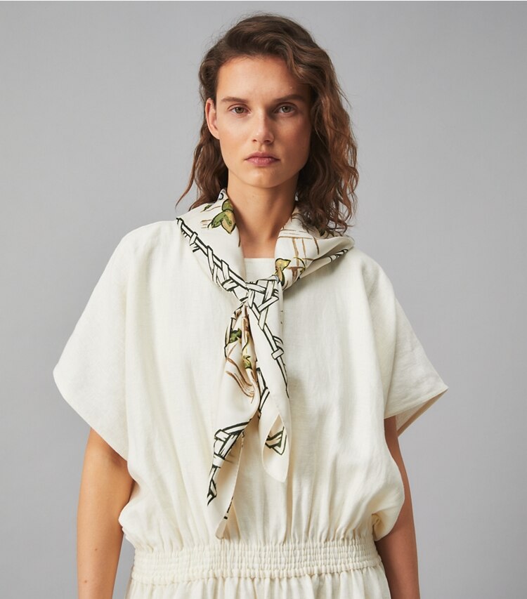 Tory Burch designer scarves Painted Silk Square Scarf in NEW IVORY accessory on model