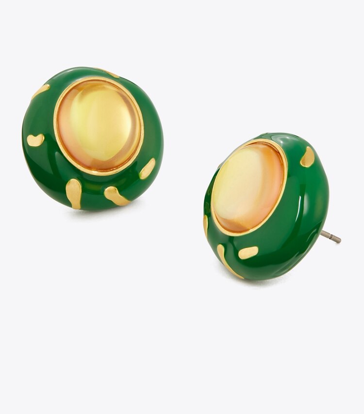 Tory Burch designer earrings Painted Stud Earring in Rolled Gold / Green Multi detail