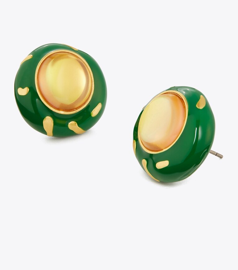 Tory Burch designer earrings Painted Stud Earring in Rolled Gold / Green Multi front