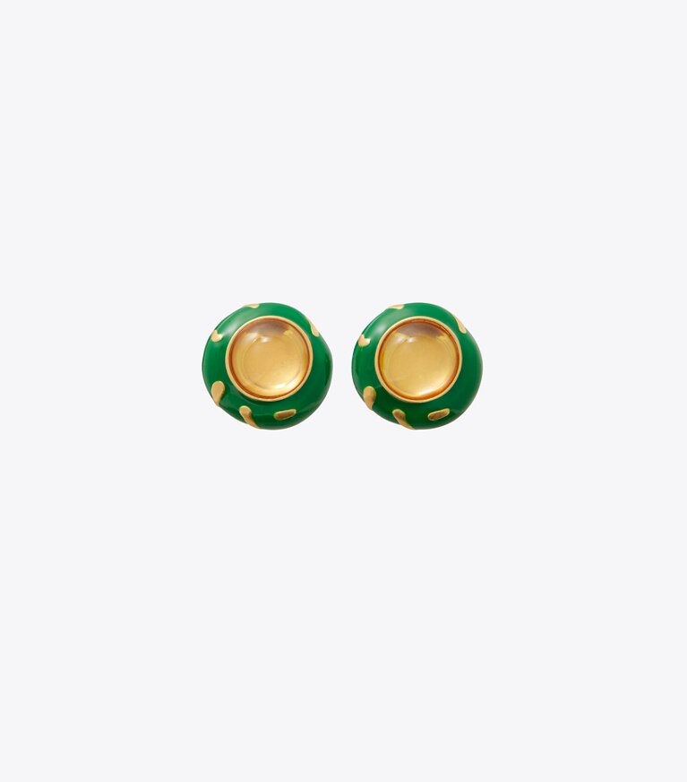 Tory Burch designer earrings Painted Stud Earring in Rolled Gold / Green Multi front