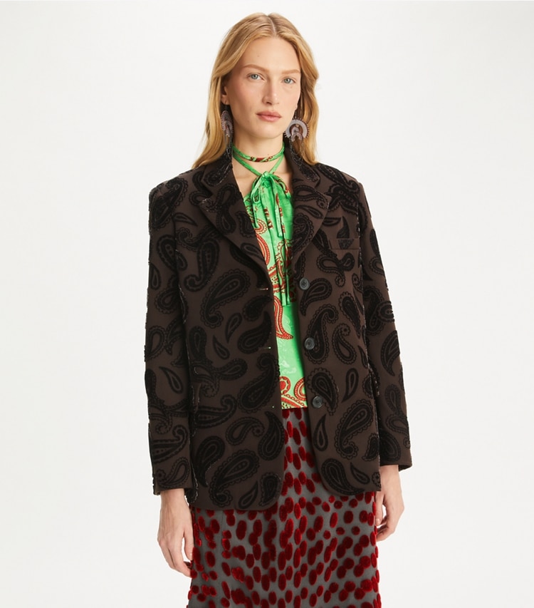 Tory Burch designer jackets Paisley Wool Blazer in Dark Mocha on model detail