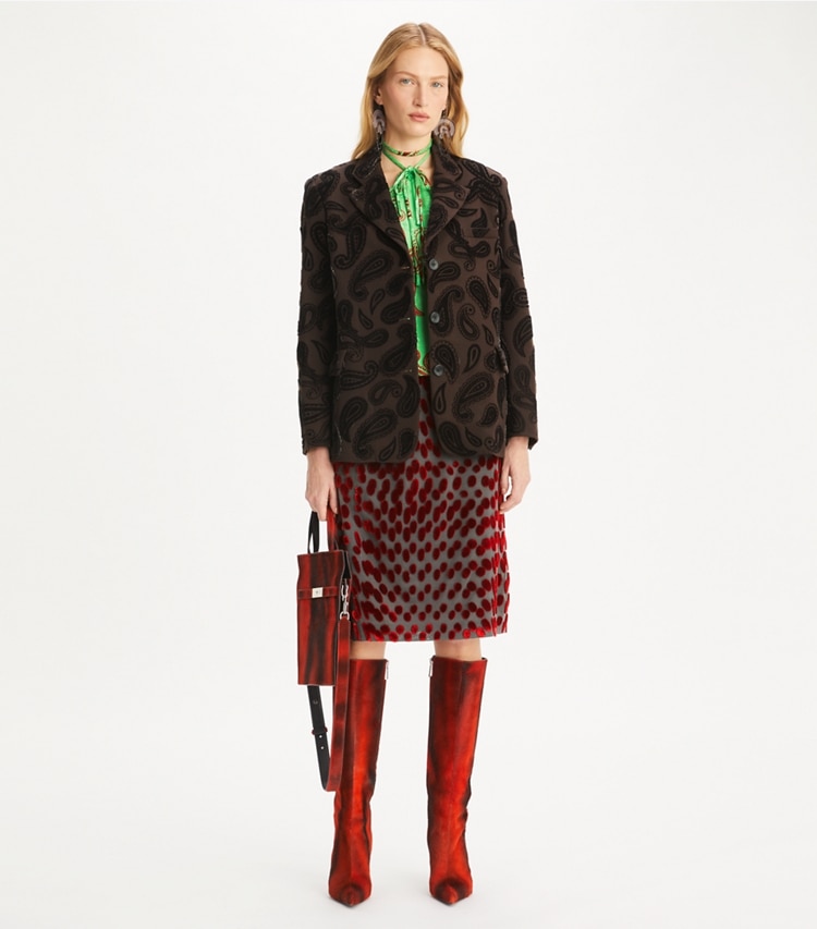 Tory Burch designer jackets Paisley Wool Blazer in Dark Mocha on model front