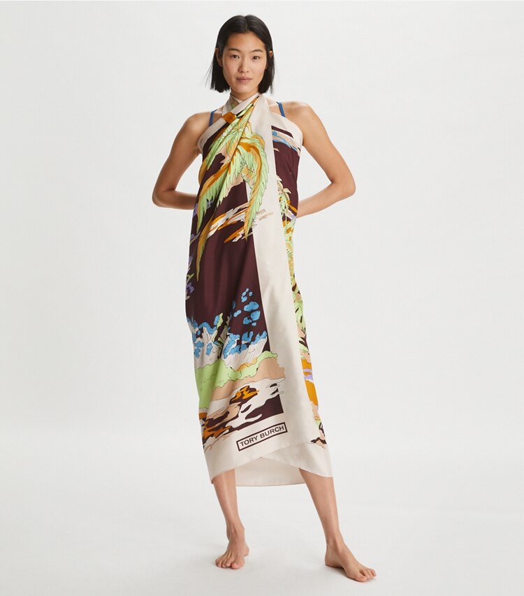 Tory Burch designer scarves Palm Tree Postcard Oversized Silk Square Scarf in BURGUNDY accessory on model