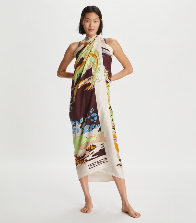 Tory Burch designer scarves Palm Tree Postcard Oversized Silk Square Scarf in BURGUNDY overhead