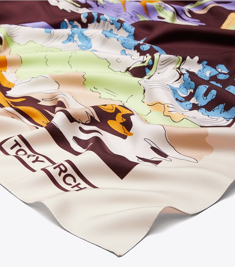 Tory Burch designer scarves Palm Tree Postcard Oversized Silk Square Scarf in BURGUNDY overhead