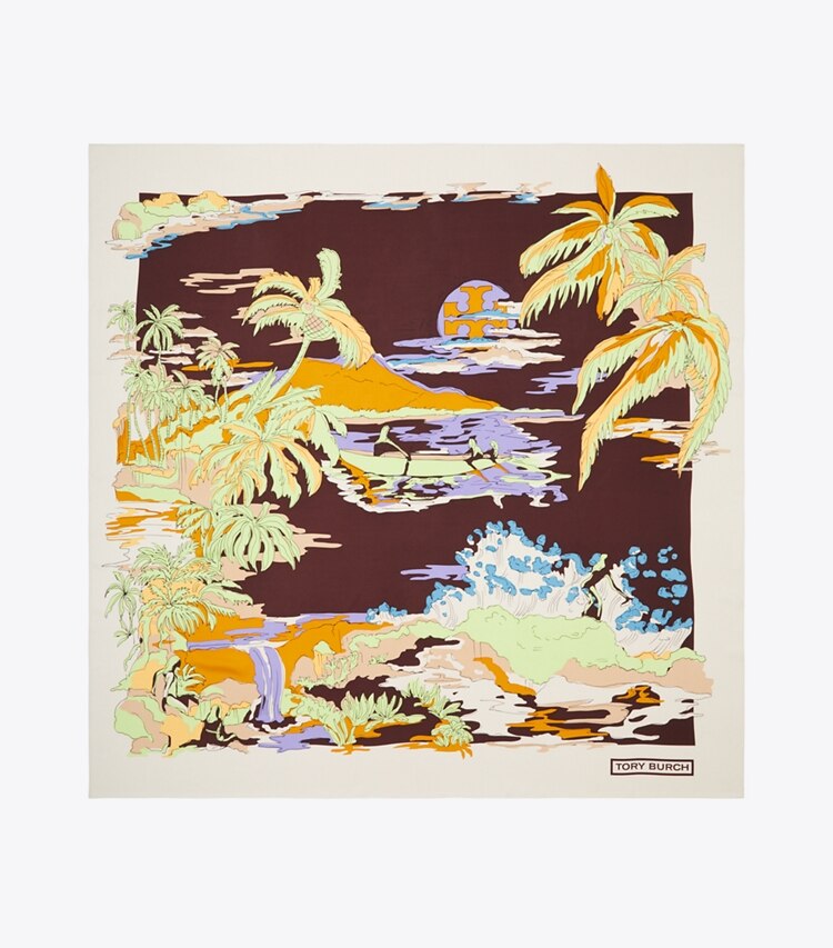 Tory Burch designer scarves Palm Tree Postcard Oversized Silk Square Scarf in BURGUNDY overhead