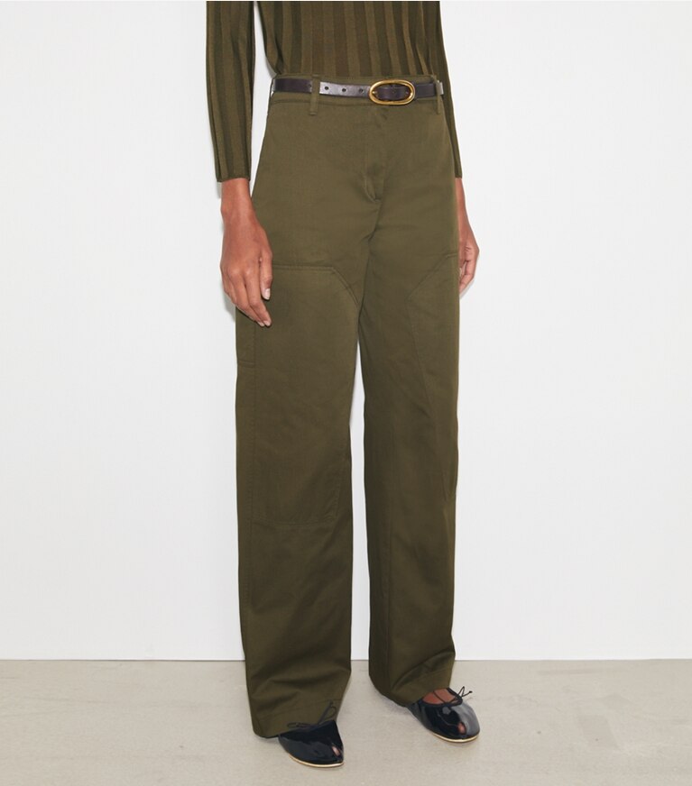 Tory Burch diseñador prendas inferiores Pantalón cargo de algodón en Olive Pesto detalle en modelo