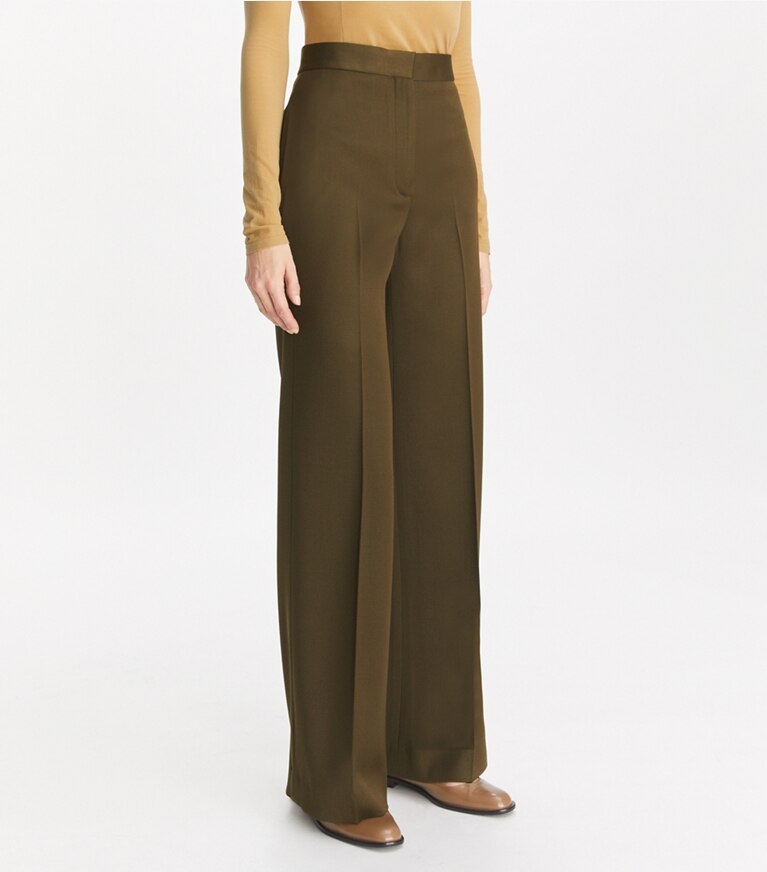 Tory Burch diseñador prendas inferiores Pantalón de lana de pierna ancha en Olive Green detalle en modelo