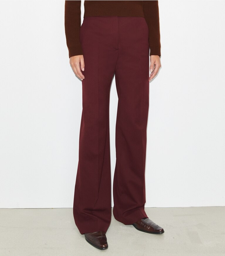 Tory Burch diseñador prendas inferiores Pantalón de lana en Merlot detalle en modelo