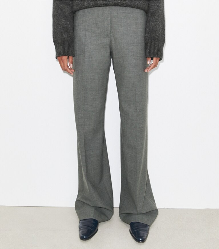 Tory Burch diseñador prendas inferiores Pantalón de lana en Dark Gray Melange detalle en modelo