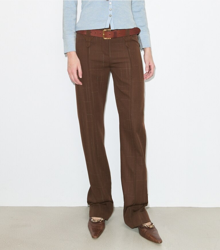 Tory Burch diseñador prendas inferiores Pantalón de lana en Chocolate detalle en modelo