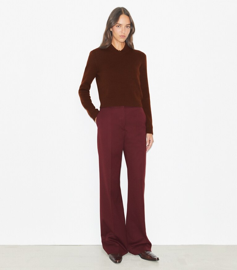 Tory Burch diseñador prendas inferiores Pantalón de lana en Merlot frente en modelo