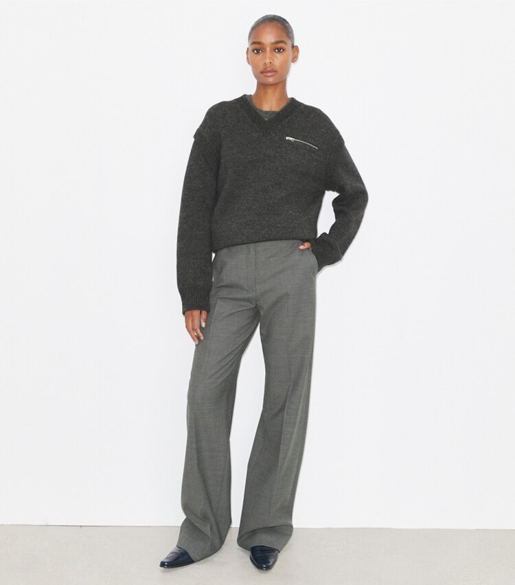 Tory Burch diseñador prendas inferiores Pantalón de lana en Dark Gray Melange frente en modelo