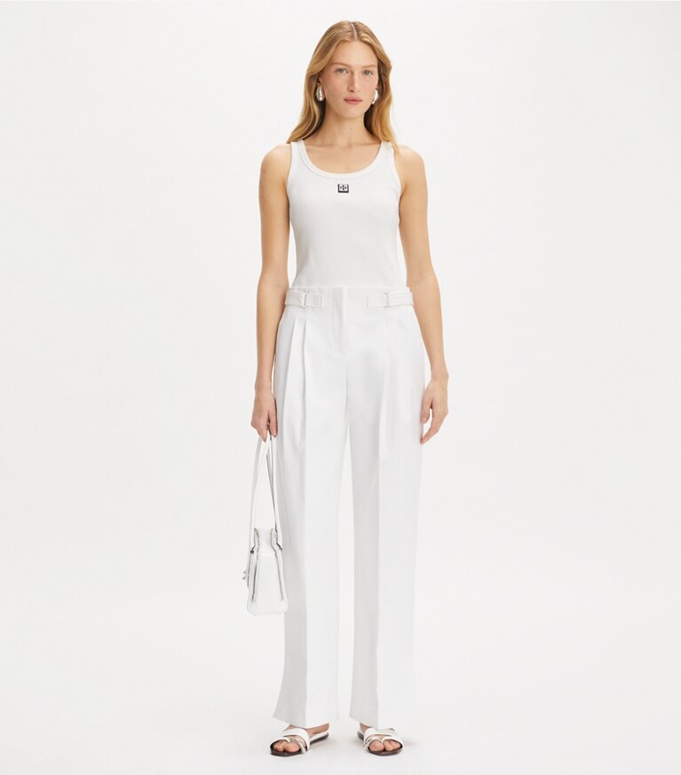 Tory Burch diseñador prendas de abajo Pantalón de sarga de algodón en White frente en modelo
