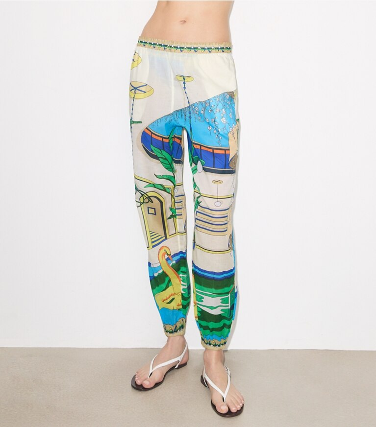 Tory Burch diseñador ropa de playa Pantalón lounge de algodón estampado en The Pool Blue detalle en modelo