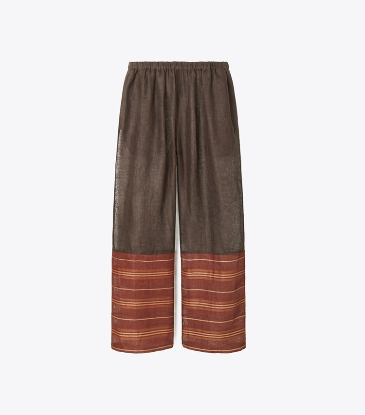 Tory Burch designer paréos Pantalon de plage en lin dans Dark Mocha / Orange Crisp Stripe de face