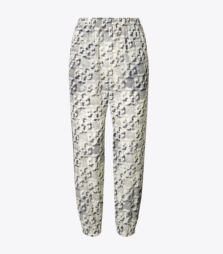 Tory Burch designer paréos Pantalon de plage en soie in New Ivory Distressed Pixelated Logo front