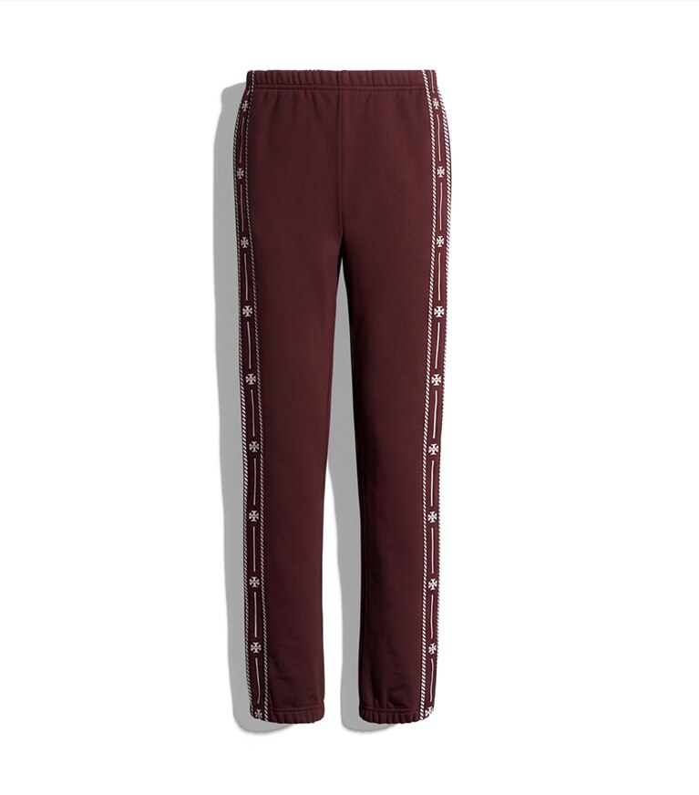Tory Burch designer bas Pantalon de survêtement en coton bouclette à broderie dans Merlot supplémentaire