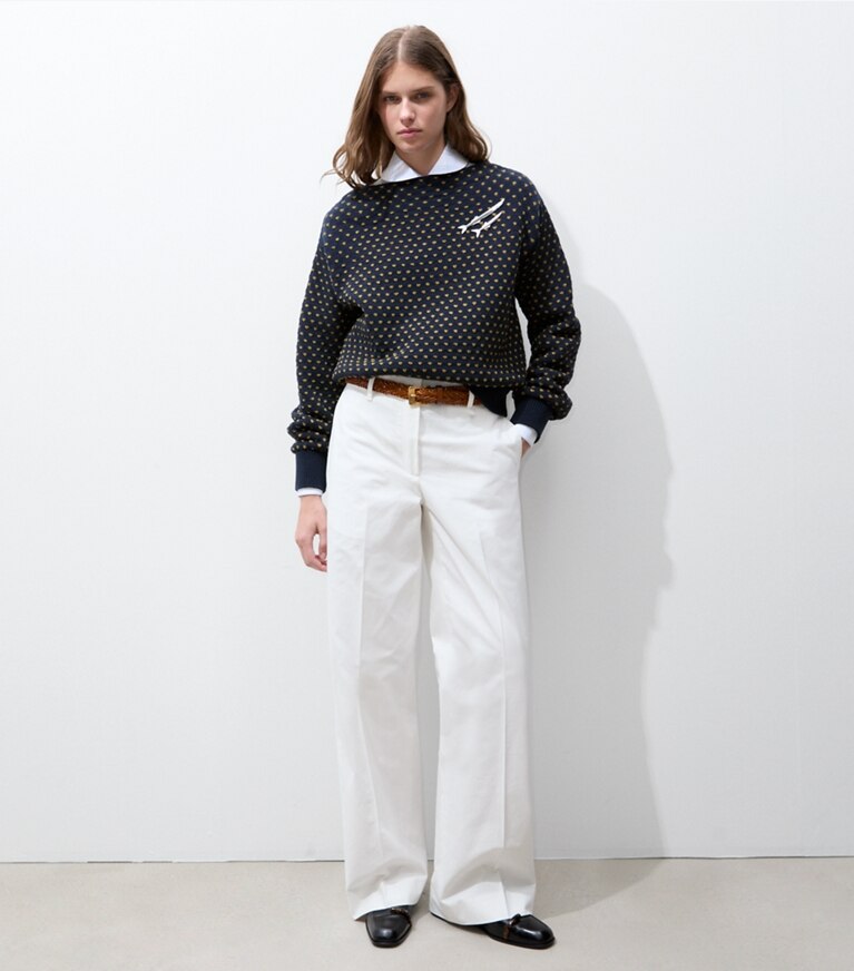 Tory Burch designer bas Pantalon en coton brossé dans White sur modèle, de face