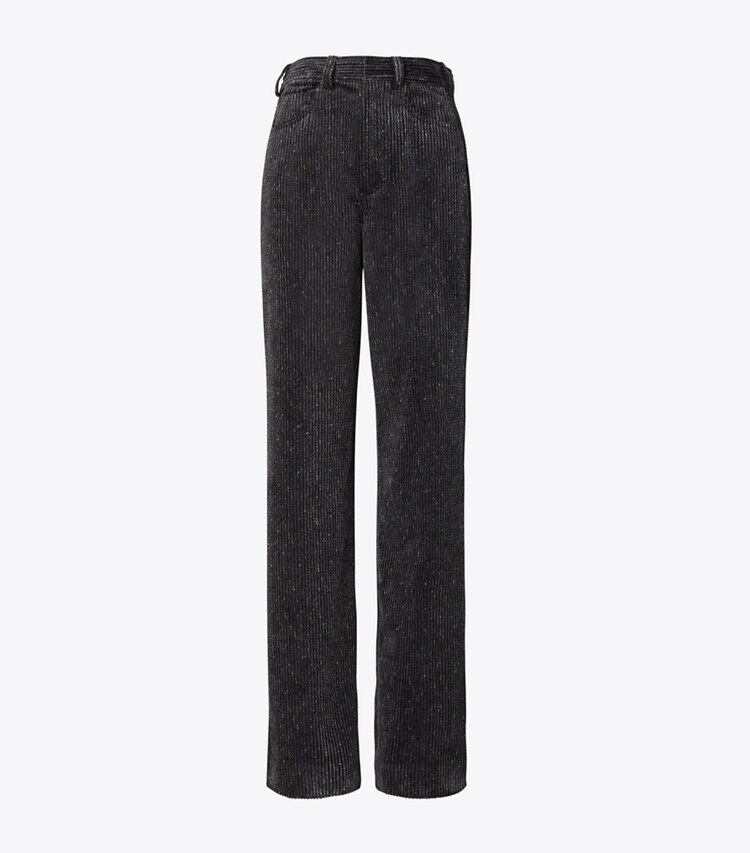 Tory Burch designer bas Pantalon en velours côtelé à jambe large dans Flecked Charcoal de face