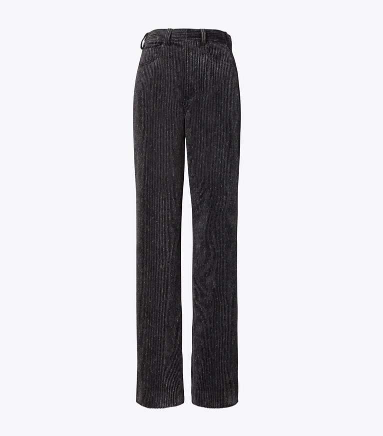 Tory Burch designer bas Pantalon en velours côtelé à jambe large dans Flecked Charcoal de face