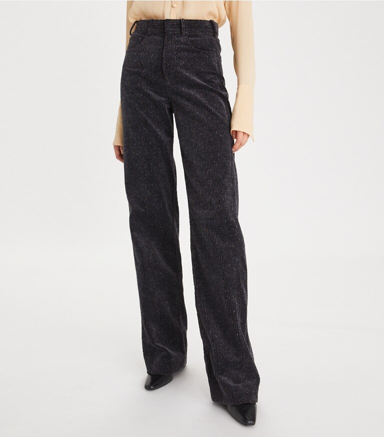 Tory Burch designer bas Pantalon en velours côtelé à jambe large dans Flecked Charcoal détail sur modèle