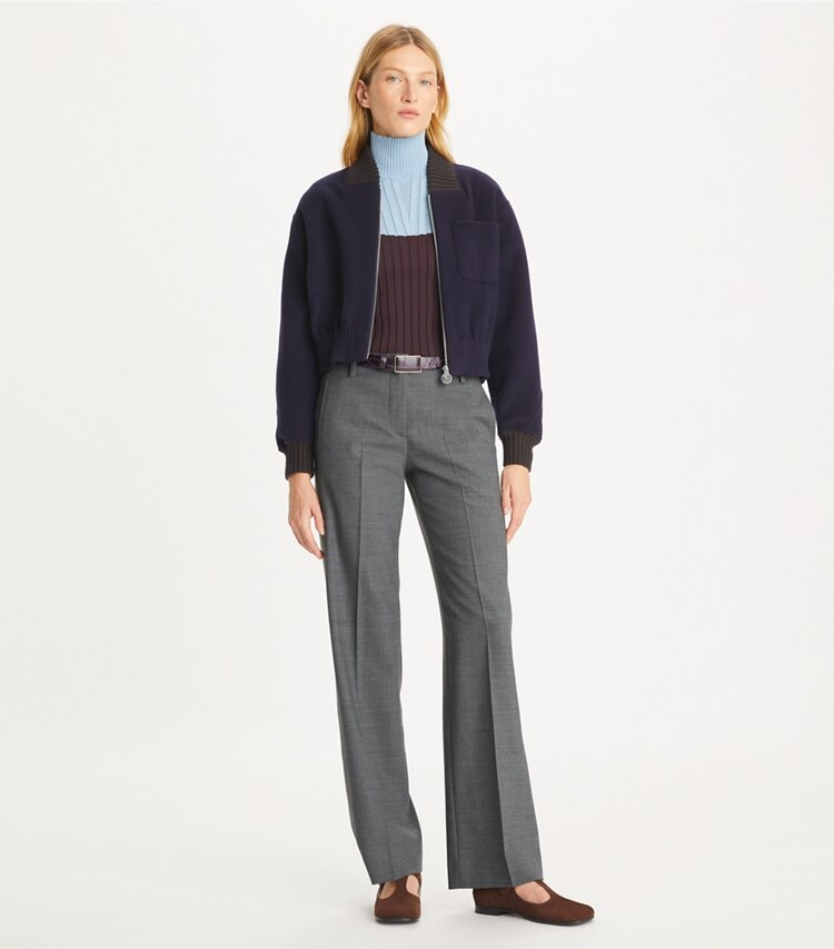 Tory Burch designer pantaloni Pantalone elasticizzato in flanella in Gray Mélange parte anteriore su modella