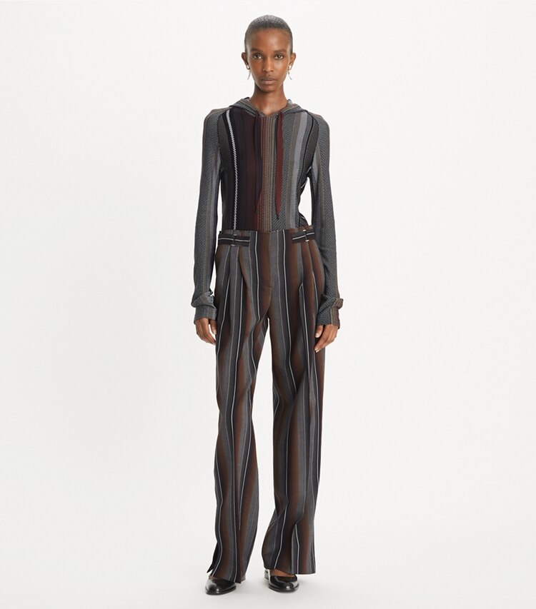 Tory Burch designer pantaloni Pantalone in jacquard a righe in Black/Rust parte anteriore su modella