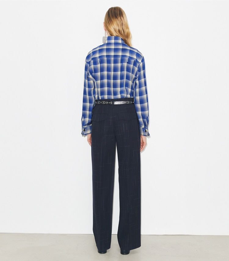 Tory Burch designer pantaloni Pantalone in lana a gamba ampia in Dark Navy / Copper on model back