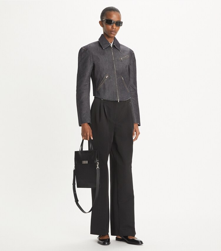Tory Burch designer pantaloni Pantalone in lana e cotone in Night Shadow parte anteriore su modella