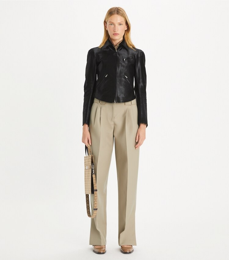 Tory Burch designer pantaloni Pantalone in lana in Silver Taupe parte anteriore su modella