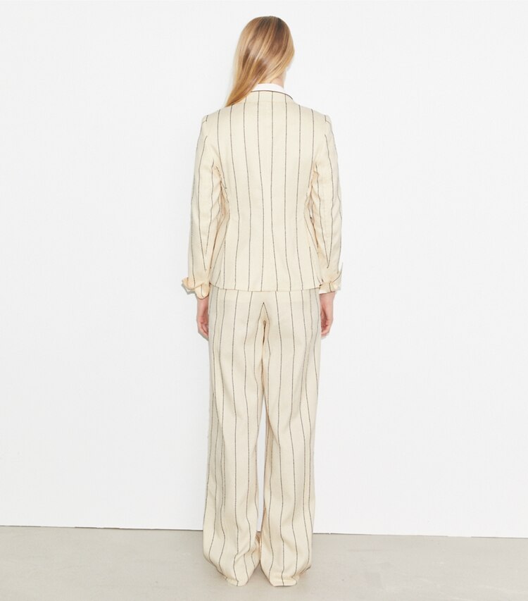 Tory Burch diseñador prendas inferiores Pantalones de algodón de pierna ancha a rayas en Ivory/Navy parte posterior en modelo