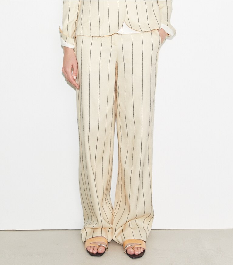 Tory Burch diseñador prendas inferiores Pantalones de algodón de pierna ancha a rayas en Ivory/Navy detalle en modelo