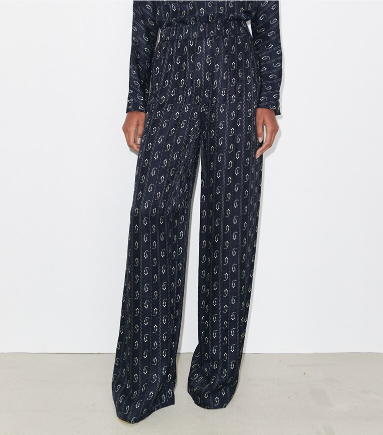 Tory Burch diseñador prendas inferiores Pantalones de jacquard de corte relajado en Medium Navy Paisley detalle en modelo