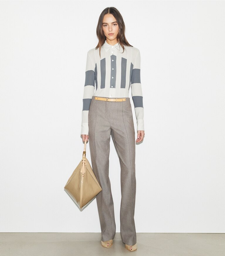 Tory Burch diseñador prendas inferiores Pantalones de lana de cintura alta en Mountain Ash Ground/Marshmallow Fleck frente en modelo