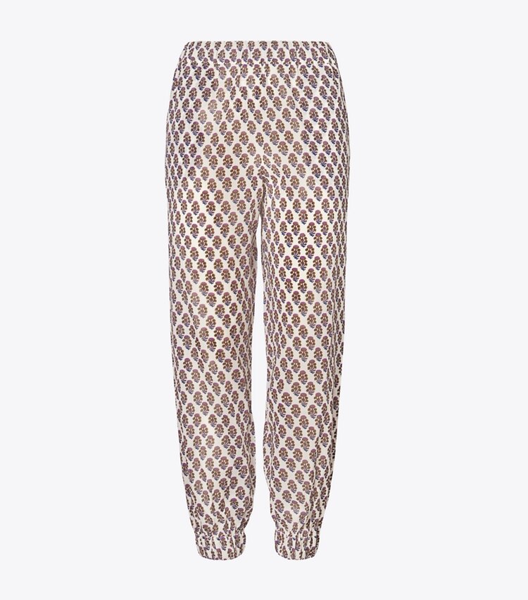 Tory Burch diseñador ropa de playa Pantalones de playa estampados en PURPLE BLOCK-PRINT THISTLE frontal