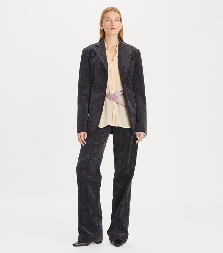 Tory Burch designer pantaloni Pantaloni a gamba ampia a coste in Flecked Charcoal parte anteriore su modella