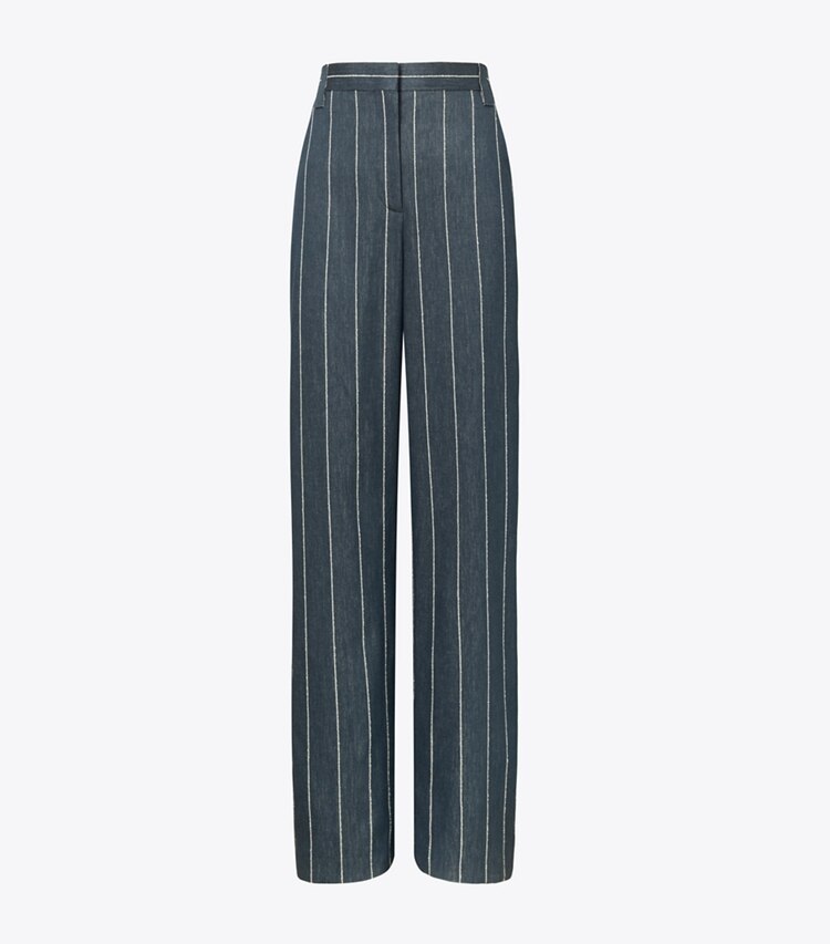 Tory Burch designer pantaloni Pantaloni a gamba larga in cotone a righe in Navy/Ivory front