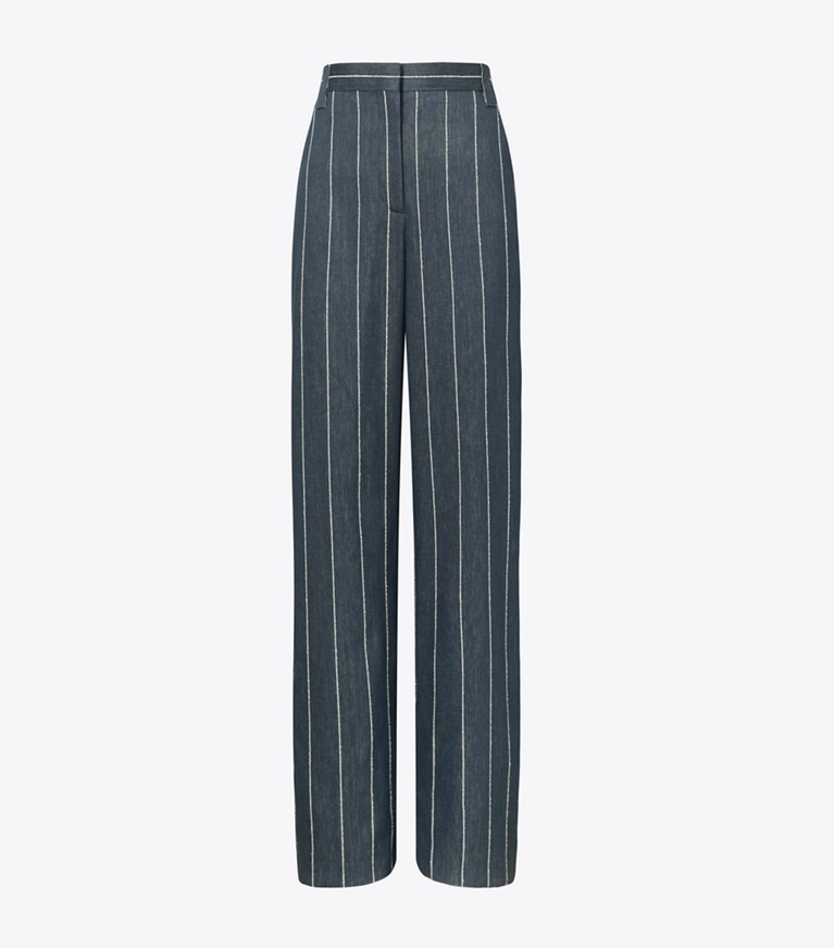 Tory Burch designer pantaloni Pantaloni a gamba larga in cotone a righe in Navy/Ivory front