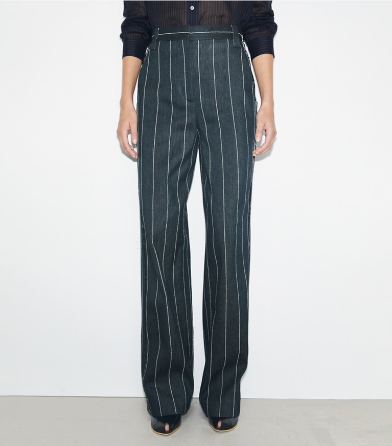 Tory Burch designer pantaloni Pantaloni a gamba larga in cotone a righe in Navy/Ivory front