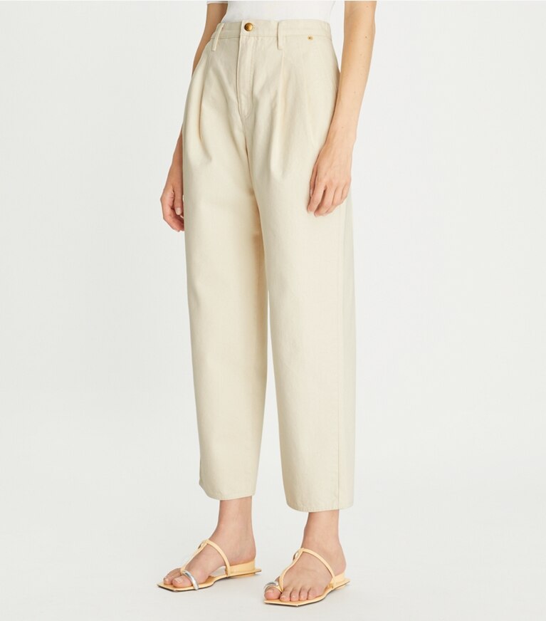 Tory Burch designer pantaloni Pantaloni in denim con pieghe in Natural front