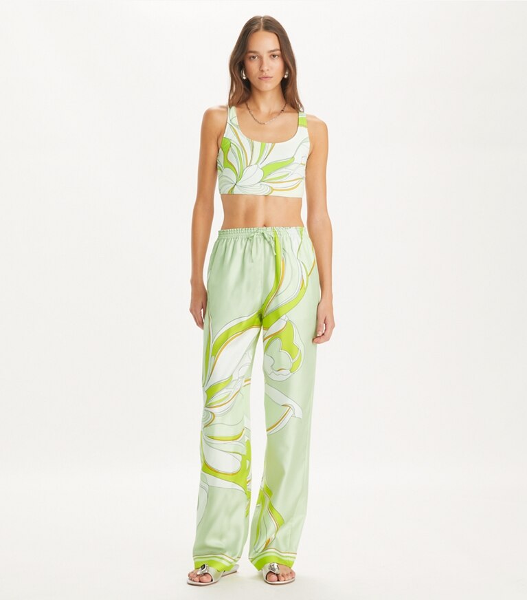 Tory Burch designer pantaloni Pantaloni in seta stampati in Chartreuse Twisty Flower front