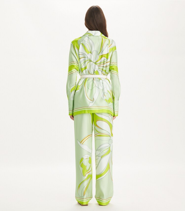 Tory Burch designer pantaloni Pantaloni in seta stampati in Chartreuse Twisty Flower on model back