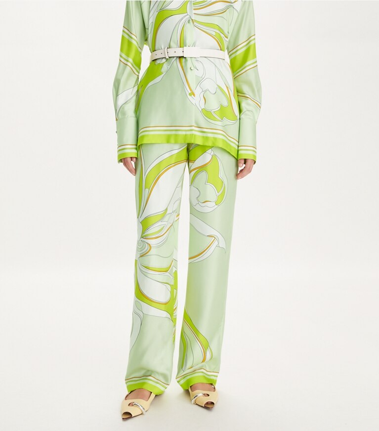 Tory Burch designer pantaloni Pantaloni in seta stampati in Chartreuse Twisty Flower front