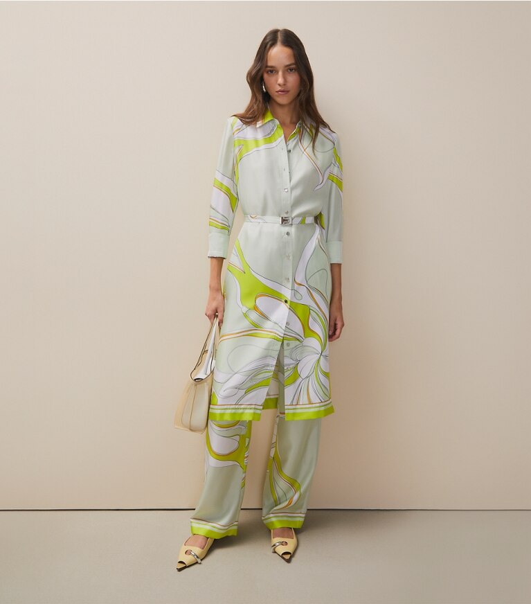Tory Burch designer pantaloni Pantaloni in seta stampati in Chartreuse Twisty Flower front