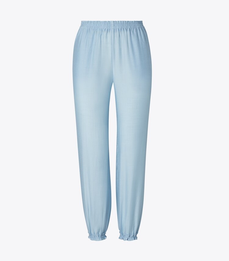 Tory Burch designer copricostume Pantaloni in viscosa con lavorazione a punto smock in Light Blue Sky front