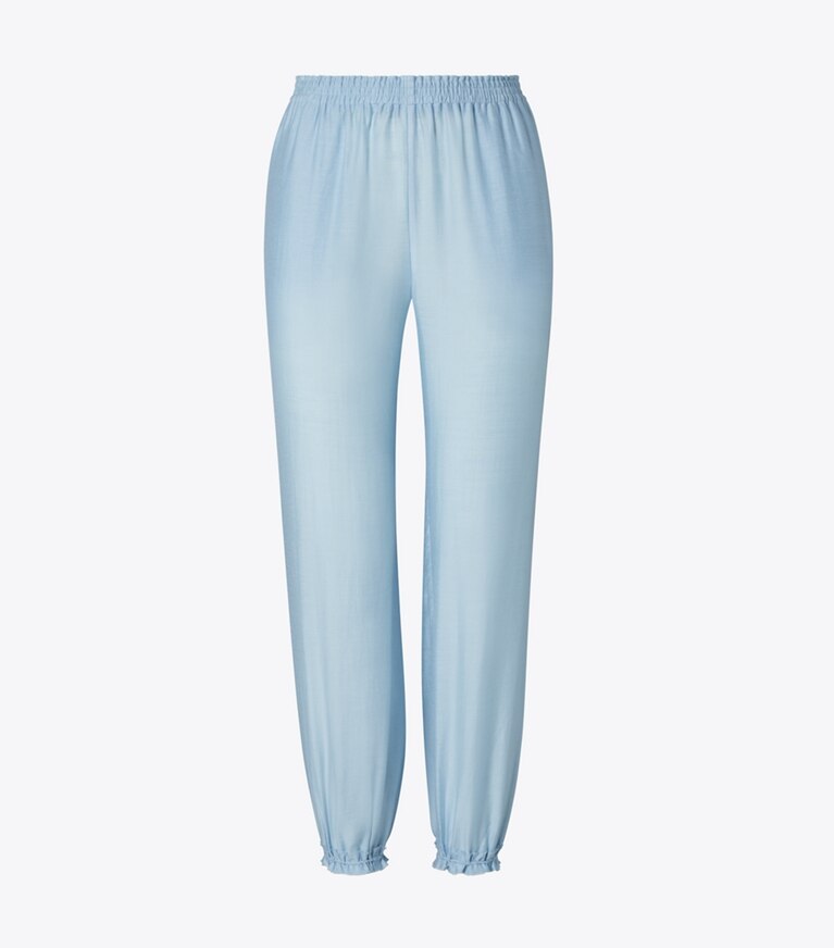 Tory Burch designer copricostume Pantaloni in viscosa con lavorazione a punto smock in Light Blue Sky front