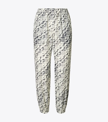 Tory Burch designer copricostume Pantaloni per la Spiaggia in Seta in New Ivory Distressed Pixelated Logo front