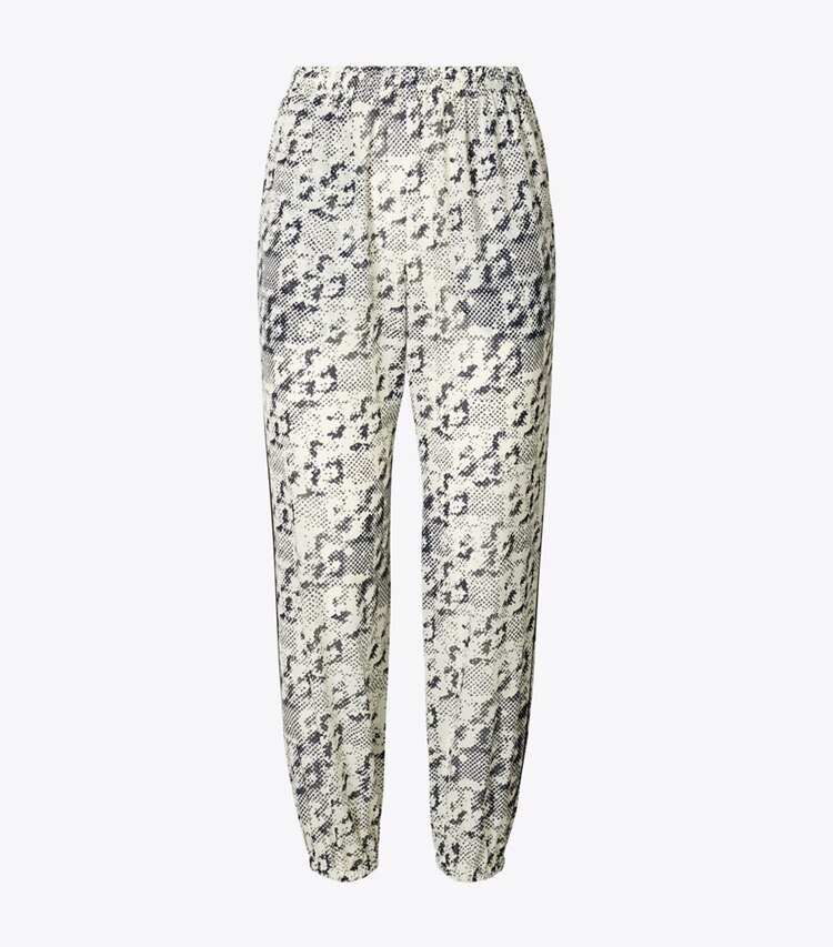 Tory Burch designer copricostume Pantaloni per la Spiaggia in Seta in New Ivory Distressed Pixelated Logo front