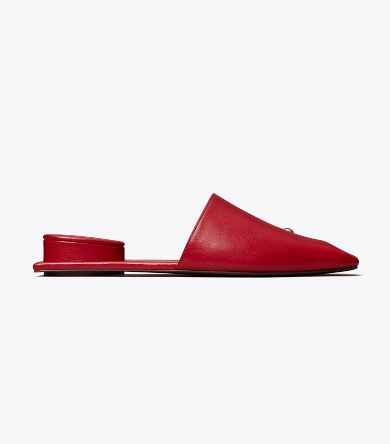 Tory Burch designer loafers Pantolette mit Piercing-Detail in TORY RED / SILVER angle